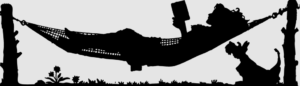 A silhouette of a person in a hammock reading a book with a dog below him
