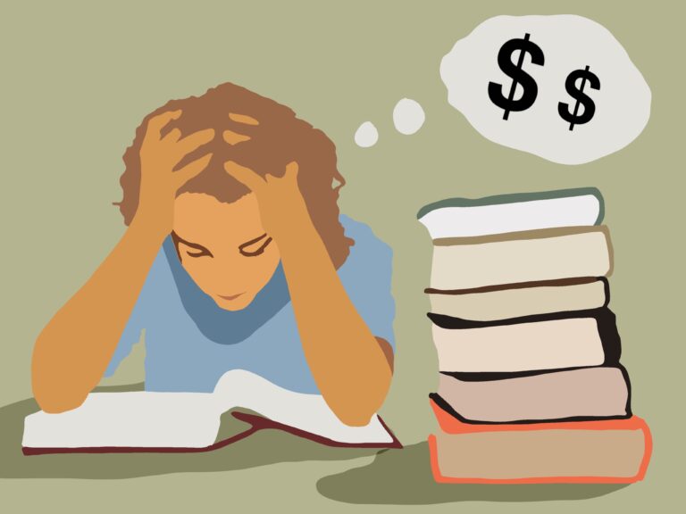 Women sitting next t a pile of books thinking about money